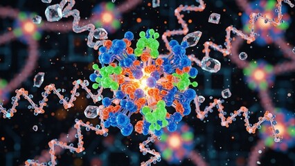 Vibrant molecular structure with colorful atoms and dna strands on dark background biotechnology concept