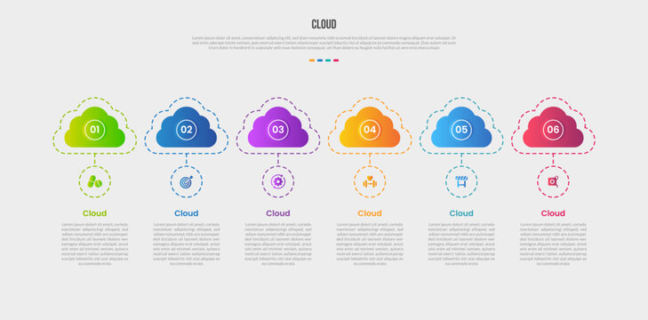 Cloud base shape infographics gradient template diagram with small cloud with dotted outline outer on horizontal direction with 6 point step creative