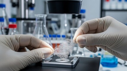 Scientist examines crystal sample under microscope in laboratory setting with gloved hands