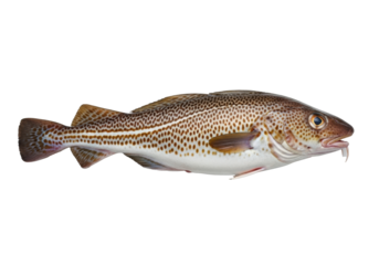 Fresh whole atlantic cod, mottled brown and white skin, clear lateral line, single barbel, bright eye, lying horizontally on a solid transparent studio background, high-end commercial food photography