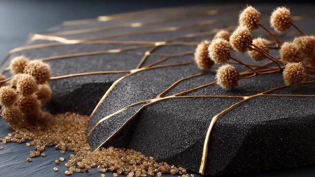 Golden dried flowers and Kintsugi textured black rock