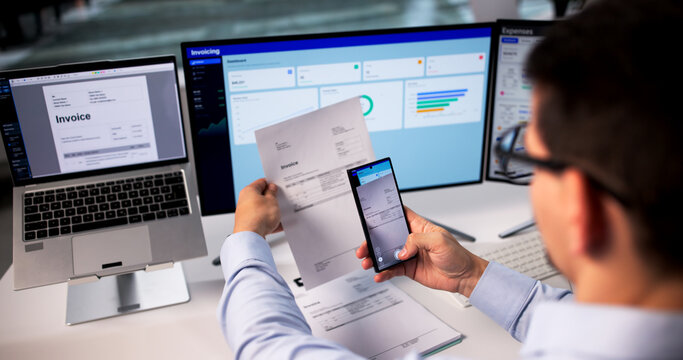 Smart Businessman Taking Photo Of Invoice With Phone