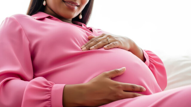 Expecting mother in pink outfit cradling belly with calm expression, pregnancy glow highlights joy and anticipation. Expecting mother captures intimate moments before childbirth,