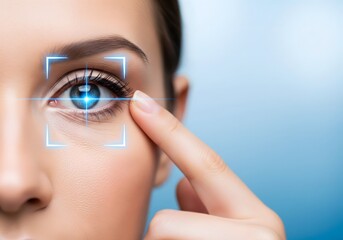 Woman touching eye with digital scanning frame showing biometric identification iris recognition technology cybersecurity access control and advanced personal authentication