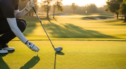Golfer placing ball on tee at sunrise on green fairway preparing for drive shot showing precision focus calm atmosphere and outdoor sports lifestyle