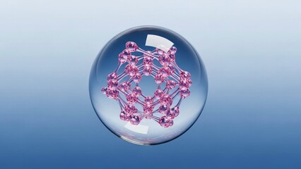 Glass sphere with pink molecular structure on blue gradient background symbolizing science and technology