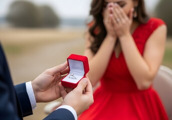 Romantic marriage proposal with man presenting engagement ring in red box while surprised woman reacts emotionally creating unforgettable moment of love and commitment