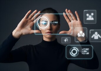 Woman interacting with futuristic virtual interface using hand gestures and eye tracking representing augmented reality user experience digital control and advanced technology