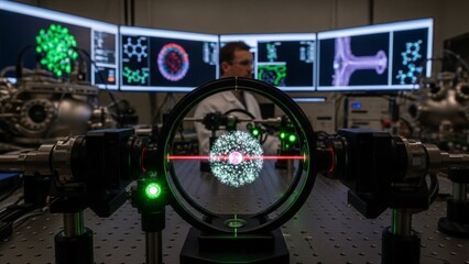 Scientist in laboratory setting operating advanced laser technology equipment with multiple screens displaying various scientific data and graphics