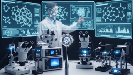 Scientist in lab coat analyzing molecular structures on futuristic screens with microscopes