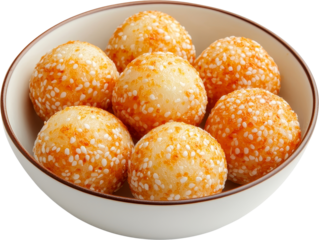 Sesame ball fried dessert sweet snack Asian food white bowl crunchy sesame ball fried dessert