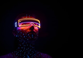 Futuristic person wearing glowing virtual reality headset in dark space with neon lights symbolizing immersive digital experience advanced technology and cyber lifestyle