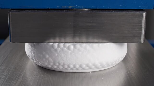 Close up of a white textured cup being compressed by a metal press in a laboratory setting with subtle water droplets on the surface and bright overhead lighting highlighting the cellular structure