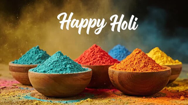 Vibrant Happy Holi Colors Powder Bowls Festive Celebration Background