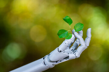 Artificial hand with plant. AI green technology. Robotic environment protection. Eco biotech...