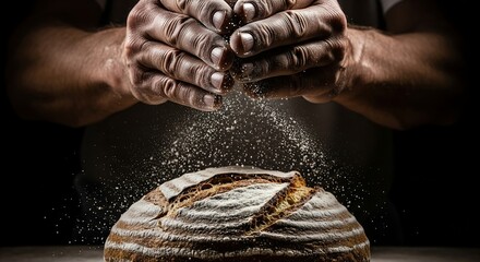 Close up of baker's hands dusting flour over a fresh loaf of artisan bread, rustic baking process