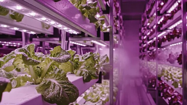 Close-up of dewy green lettuce grown in a vertical hydroponic farm under bright magenta and purple LED spectrum grow lights, emphasizing sustainable urban agriculture technology.
