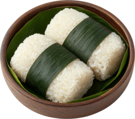 Sticky rice bamboo leaf wooden bowl Asian food traditional cuisine fragrant sticky rice wrapped