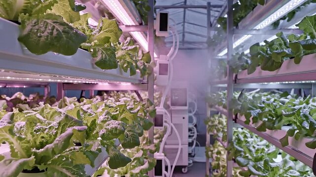 Dynamic low-angle shot within a high-tech vertical farm, showcasing vibrant hydroponic lettuce on tiered racks under powerful pink LED grow lights, atmospheric mist swirling for optimal growth.