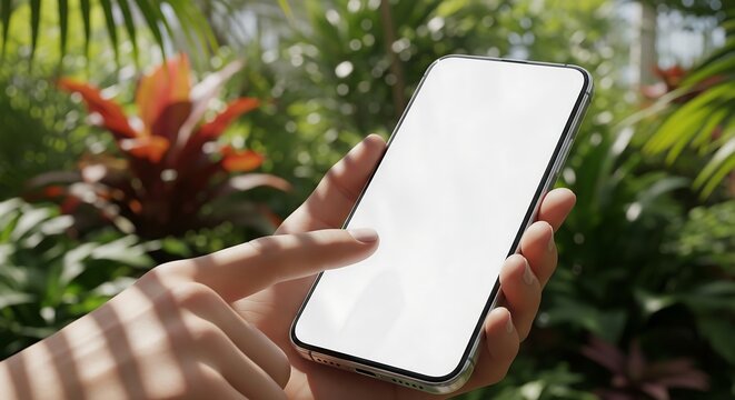 Close up of a person holding a smartphone with a blank white screen in a natural outdoor setting, mobile mockup - Powered by Adobe