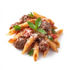 Delicious Plate of Penne Pasta with Meatballs, Tomato Sauce, Fresh Basil, and Grated Cheese on White Background