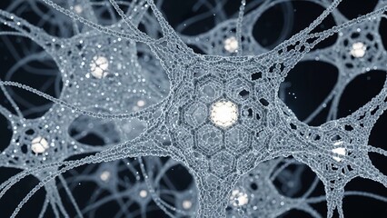 Intricate network of interconnected hexagonal cells with glowing nodes on dark background