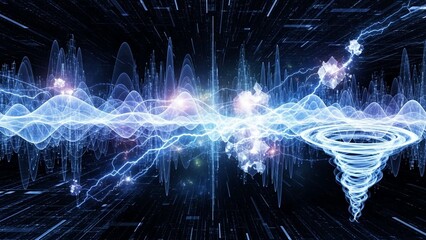 Vibrant blue light waves and swirling energy vortex in dark futuristic digital environment with glowing sparks