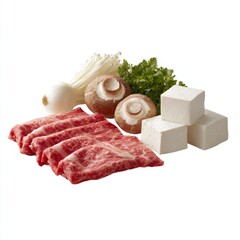 Fresh Ingredients for Asian Cuisine Featuring Marbled Beef, Mushrooms, Tofu, Green Onion, and Fresh Herbs on a White Background