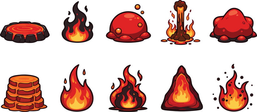 Pixel Lava and Fire Icon Set for Fantasy Game Effects Vector Collection