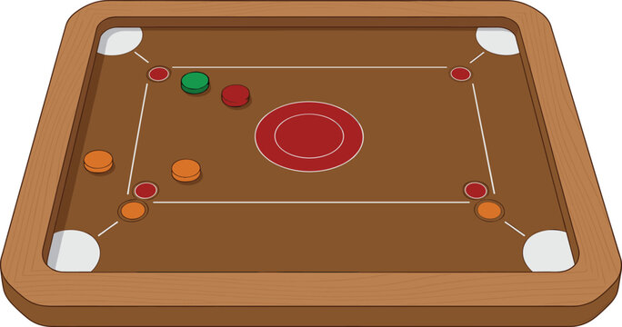Realistic Carrom Board Game Illustration with Coins and Wooden Frame Vector Design