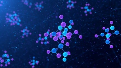 Molecular structures with purple and blue atoms on dark background with sparkling particles