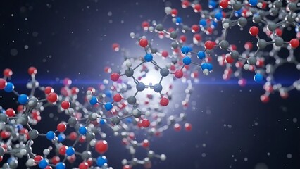 Molecular structure with red blue and gray atoms connected in a 3d model on a dark background with a glowing effect