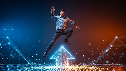 Obraz premium Dynamic Business Professional Leaping Over Rising Data Graphs – Concept of Success, Growth & Overcoming Challenges