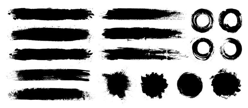 Abstract brush strokes and circular shapes creating a textured design. Black ink brush stroke and circle texture set. Freehand grunge brush illustration.