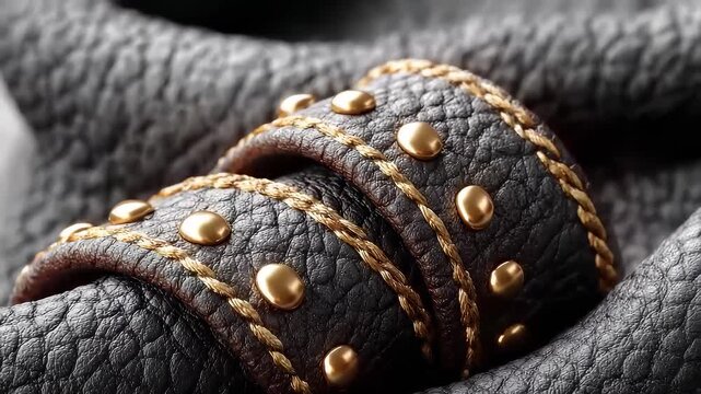 Black textured leather with luxury gold stitching and studs