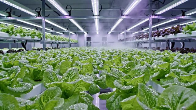 Low-angle immersive shot of vibrant hydroponic lettuce with visible water droplets, thriving under cool LED grow lights, emphasizing the efficient misting system in a high-tech vertical farm.