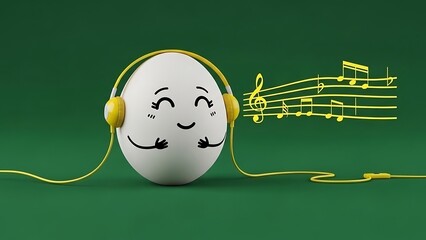 Happy egg with headphones listening to music, enjoying a peaceful moment