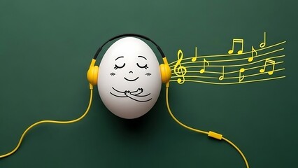 Happy egg with headphones listening to music, enjoying a peaceful moment