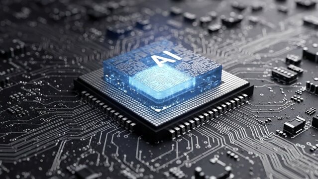 Close up of ai microchip on circuit board with blue glowing processor technology and innovation concept - Powered by Adobe