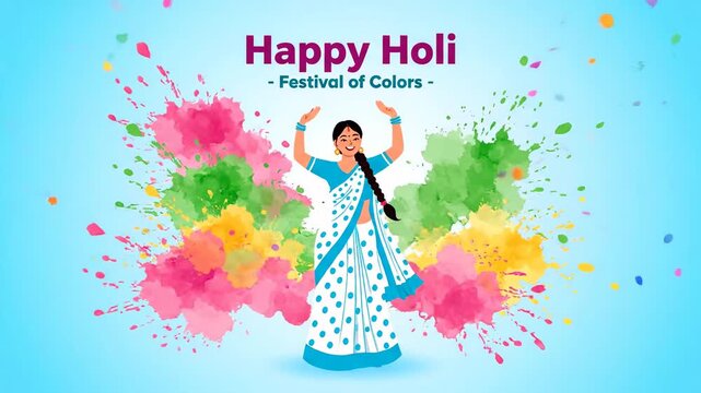 Happy Holi Festival Colors Indian Woman Celebration Vector Animation