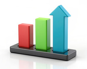 Digital art of upward moving bar graph showing business growth with a bright red green and blue on white background