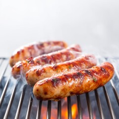 Grilled Sausages on BBQ Grill with Smoke and Flames, Perfect for Summer Cookouts and Outdoor Gatherings