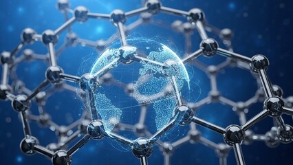 Molecular structure with glowing blue nodes on a dark background representing nanotechnology and science