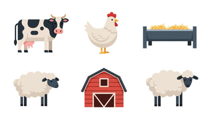 Flat Vector Illustration of a Farm with a Cow, Chicken, Two Sheep, a Red Barn, and a Hay Feeder