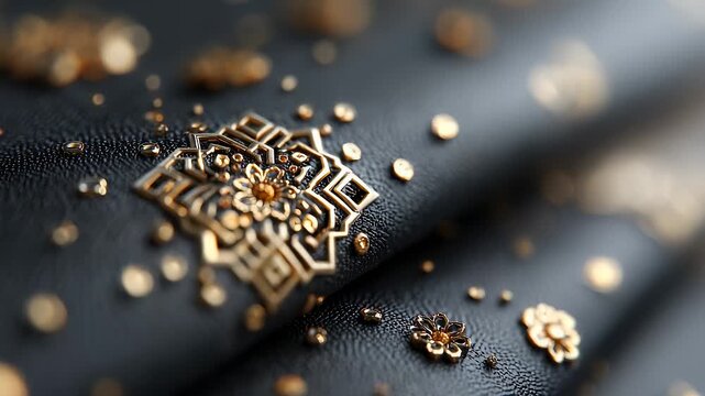 Black leather texture with embedded golden floral relief background