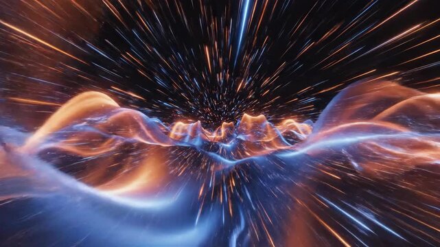 Dynamic Abstract Design Featuring Flowing Orange and Blue Curves, Waves, and Lines Against Dark Background, Creating Sense of Movement and EnergyDynamic Abstract Design Featuring Flowing Orange and Bl