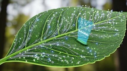 Delicate butterfly resting on vibrant green leaf covered in morning dew drops soft natural lighting serene forest background