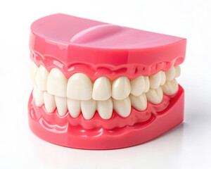 Obraz premium Model of set artificial teeth with pink gums on white background for dental study and teaching aid