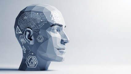 Geometric human head with futuristic technology and digital circuits low poly 3d rendering blue tone modern innovation concept