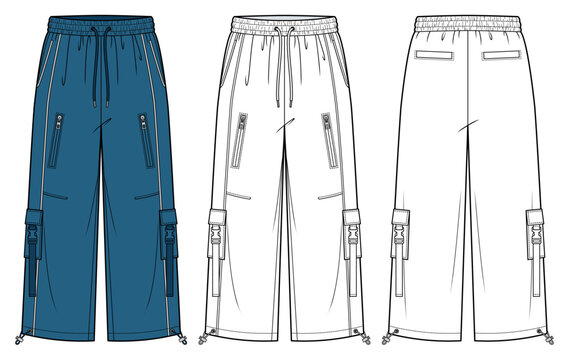 Utility Cargo Track Pants Technical Fashion Illustration Relaxed Outdoor Trousers with Cargo Pockets, Toggle Adjustable Hem and Elastic Waistband Front and Back Views Unisex CAD Mockup Set